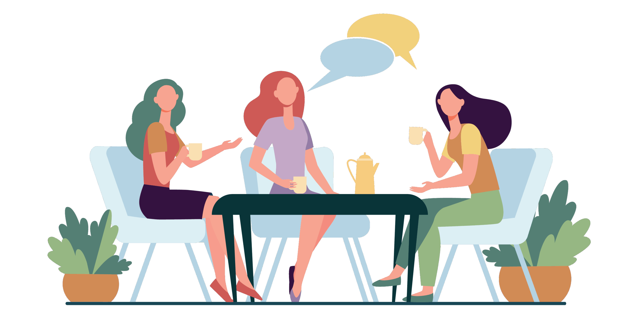 Illustration of two connected conversation bubbles symbolizing empathetic counseling services—one with a tangled, messy line and the other with a neatly organized roll, reflecting clarity and support through therapy.
